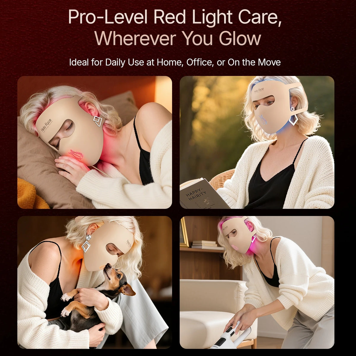 A woman is shown using a Pro-Level Red Light Care mask for daily use at home, office, or on the move.