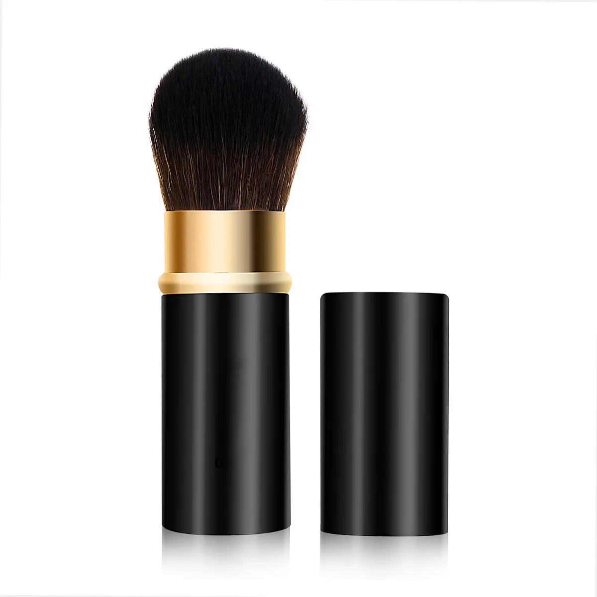 Set de pinceaux de maquillage rétractables noir et or avec manche cylindrique.