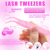 Pink lash tweezers with a smooth tip are shown being used to apply lash clusters underneath natural lashes.