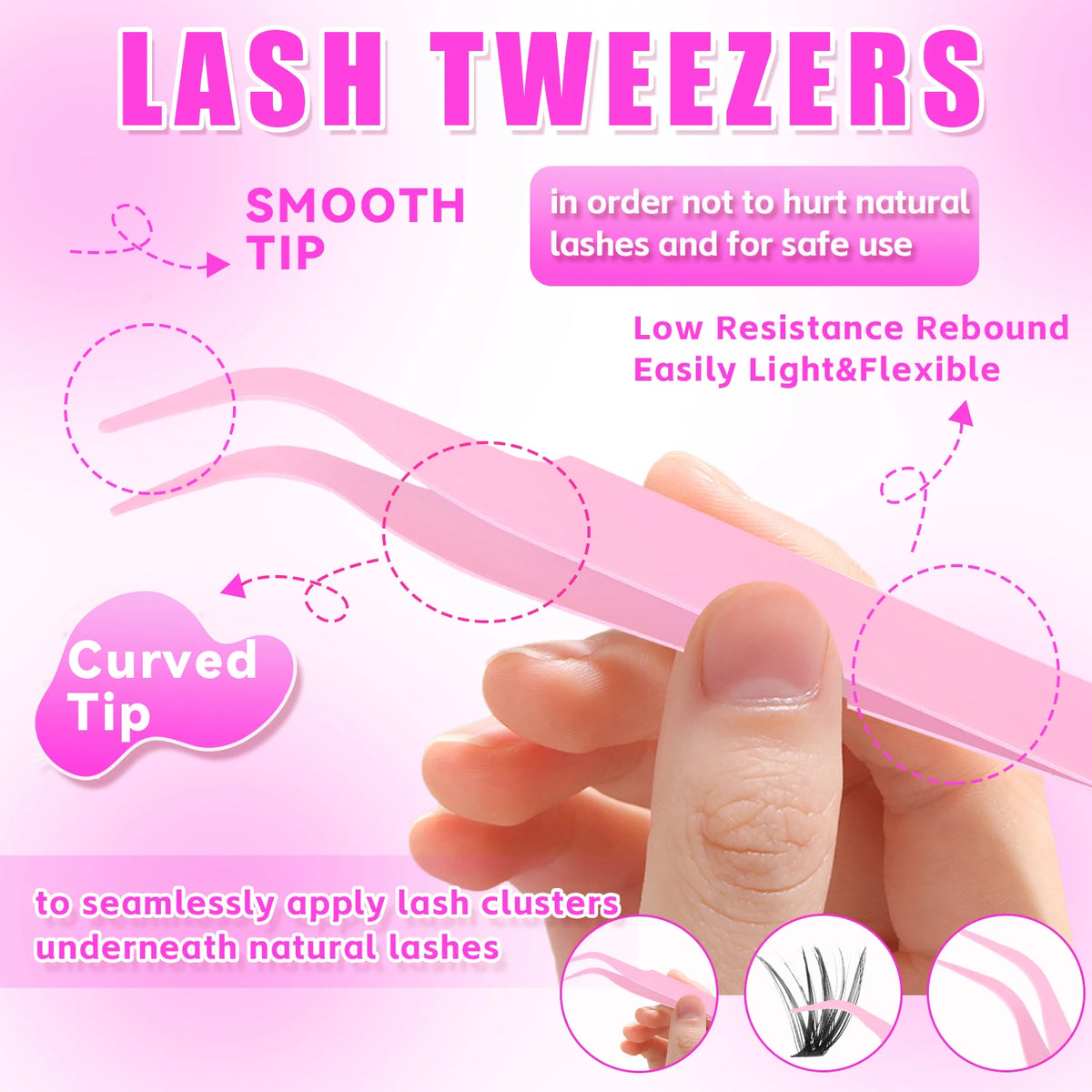 Pink lash tweezers with a smooth tip are shown being used to apply lash clusters underneath natural lashes.