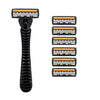 A set of five orange and black layered razor blades for a manual shaving device.