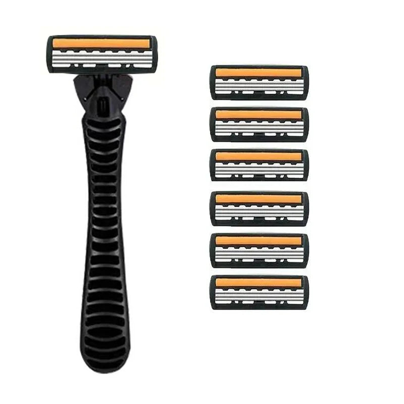A set of five orange and black layered razor blades for a manual shaving device.