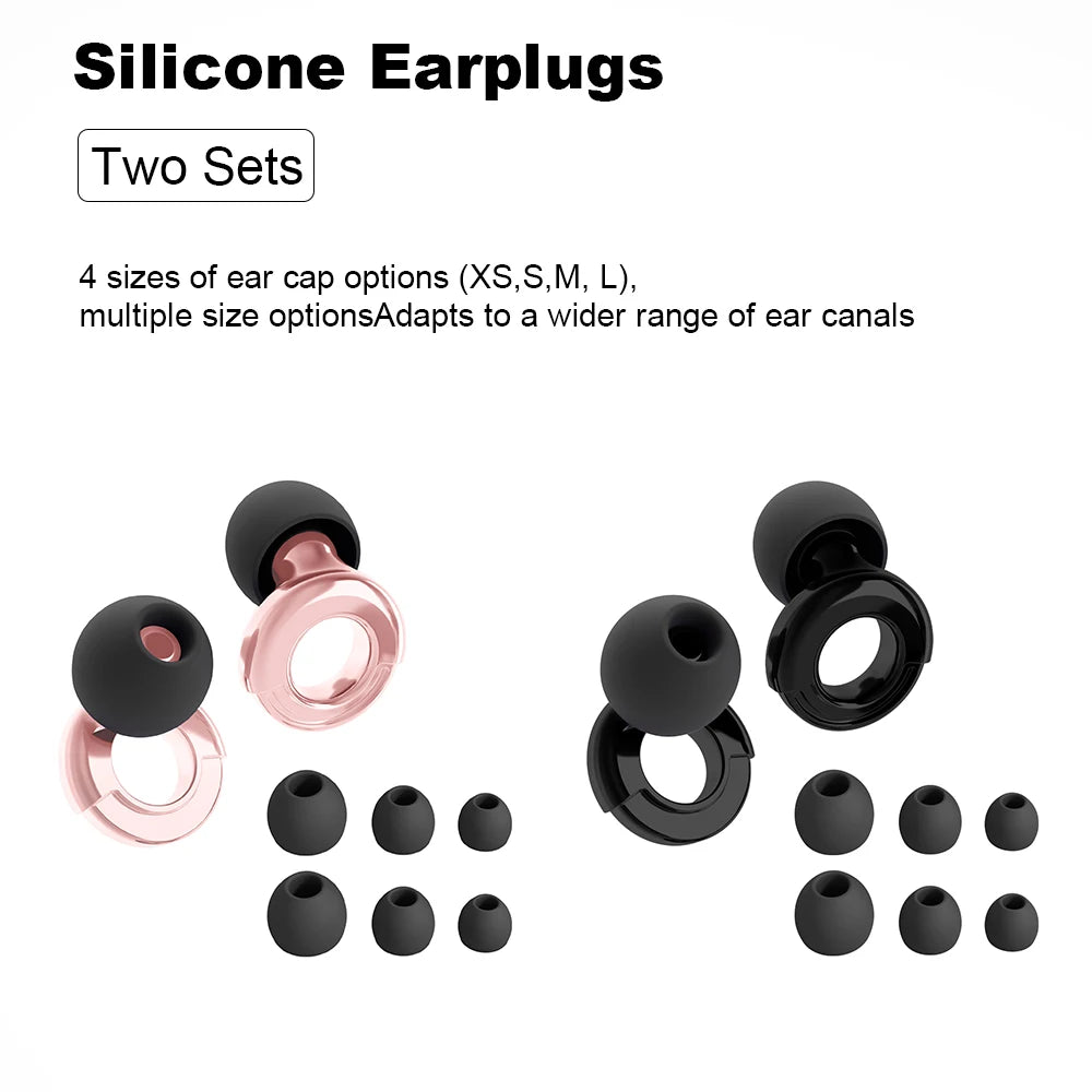 Deux paires de bouchons d'oreille en silicone noir et rose, de différentes tailles.