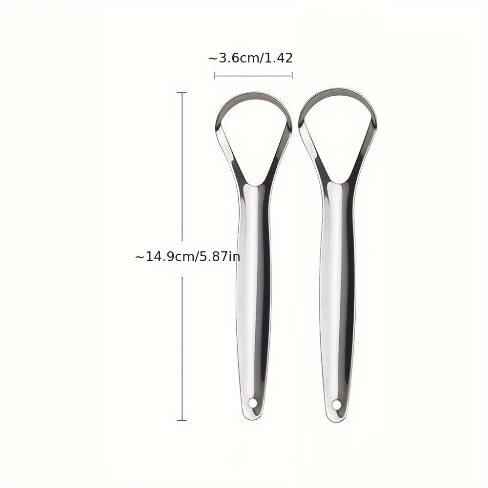 A pair of portable stainless steel tongue scrapers with a handle and loop.