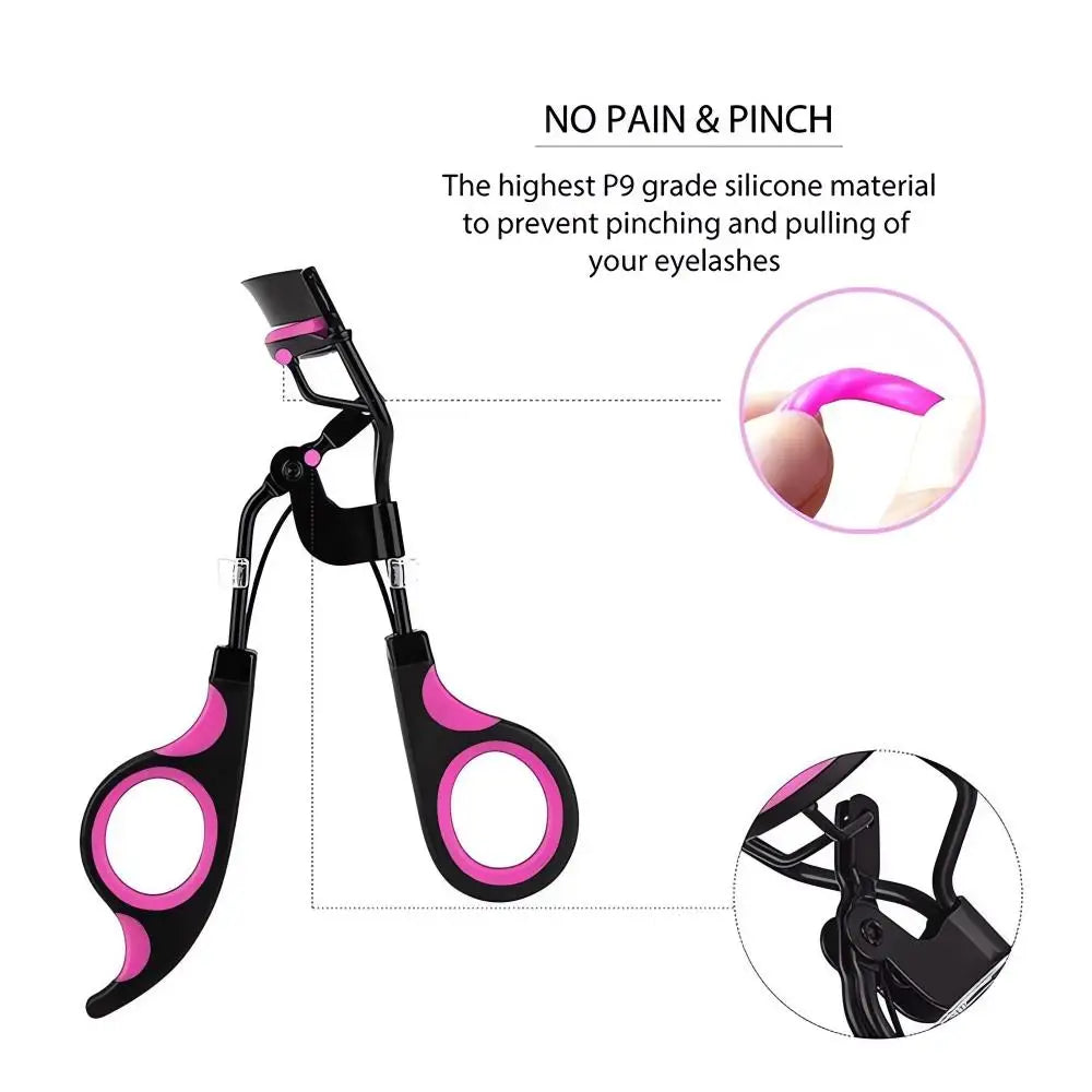 A black professional eyelash curler with pink silicone pads shown in various angles.