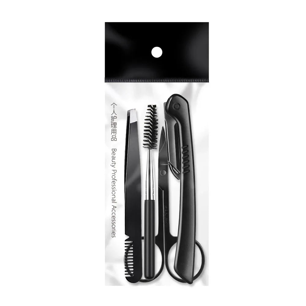 Un ensemble d'outils professionnels pour tailler et entretenir les sourcils, incluant des pinces et un taille-haie de précisi