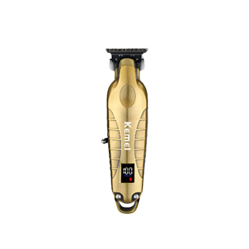 A gold-colored professional cordless hair trimmer for men with a black guard and battery indicator.