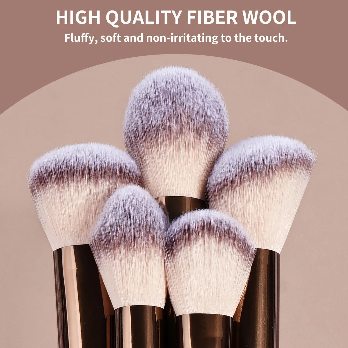 A collection of high quality fiber wool makeup brushes in various shades displayed upright.