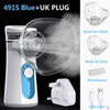 A white handheld nebulizer machine with a clear mask and mouthpiece, along with an accompanying USB cable.