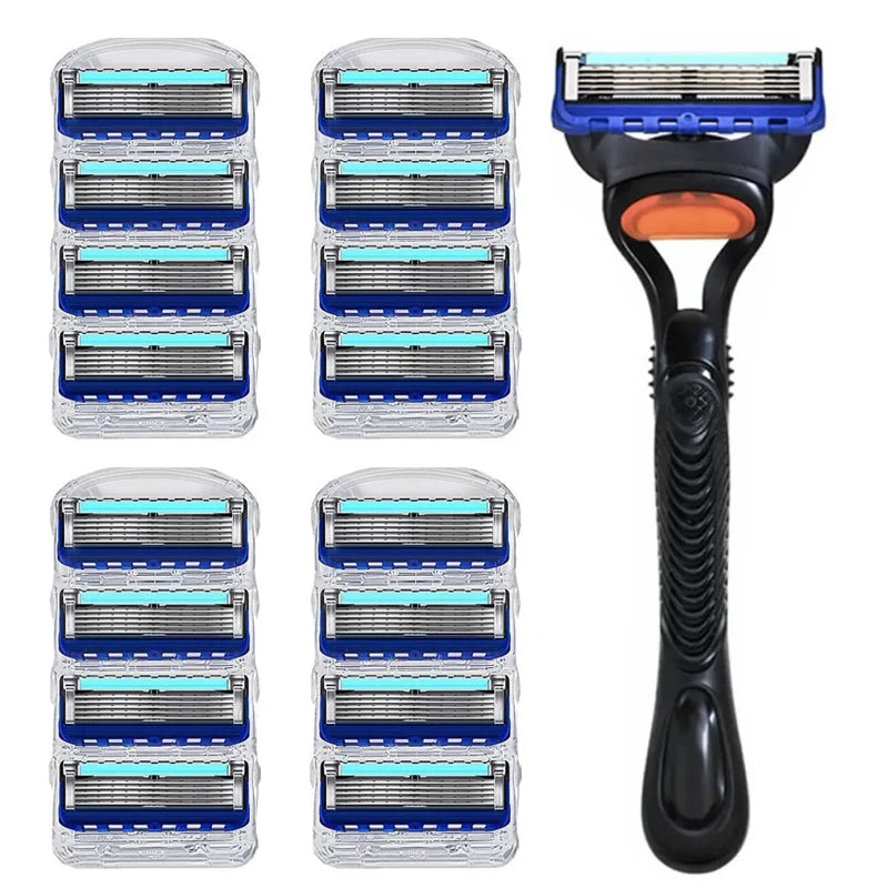 A set of reusable stainless steel shaving heads and a handle for a beard trimmer shaver.