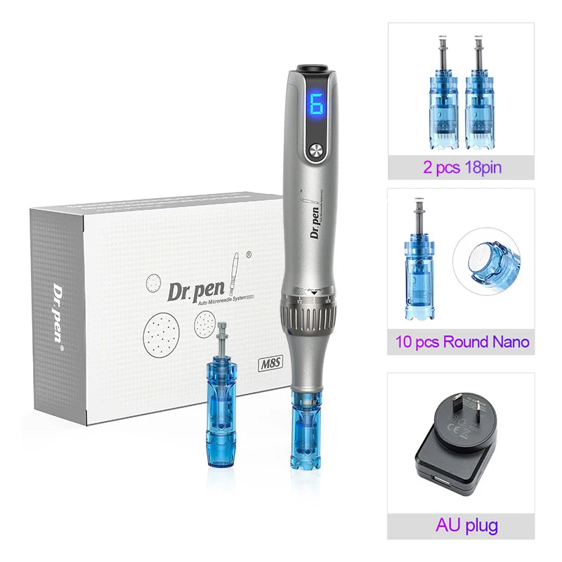 A Dr.pen microneedling pen device shown with its components and packaging.