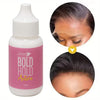 A bottle of Bold Hold Active waterproof lace wig glue with a white dropper top and pink label shown next to a close-up of its