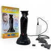 A black electric hair clipper trimmer with a charging cable and replacement attachments is shown next to its packaging.