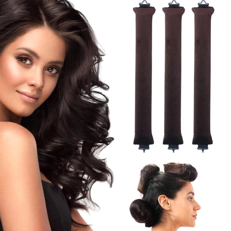 Three black heatless hair curler curling rods are shown alongside a woman's hair.