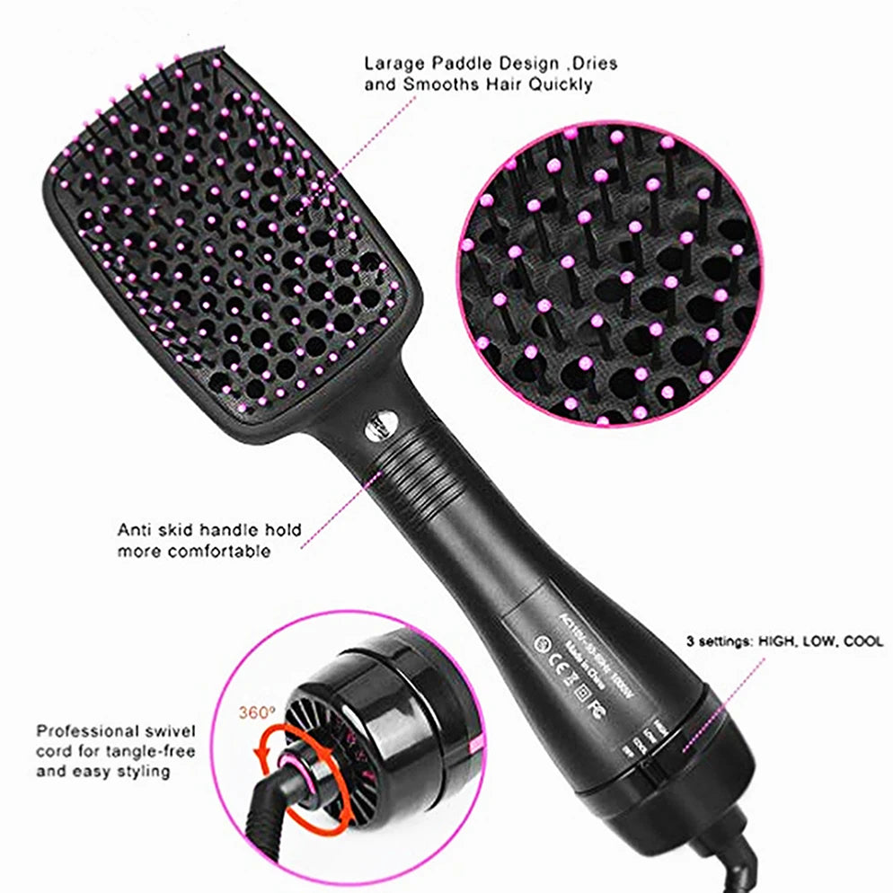 A black professional hair dryer brush and curling comb with a silicone anti-skid handle and 3 settings.