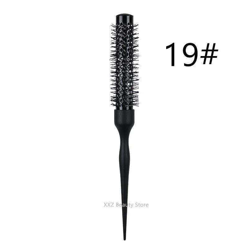 A black professional curly round hair comb with elastic teeth labeled 19#