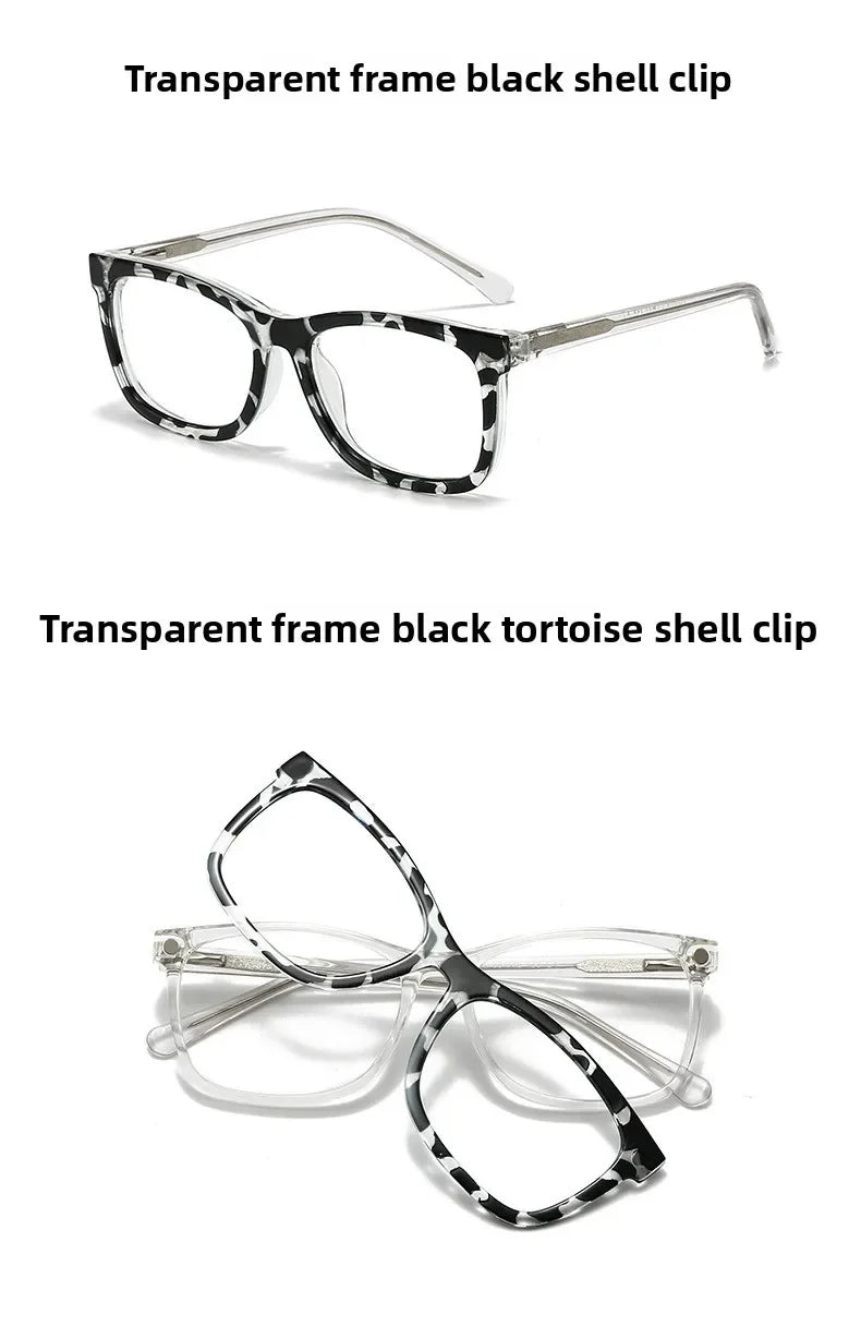 Transparent frame black tortoise shell clip eyeglasses shown in two styles