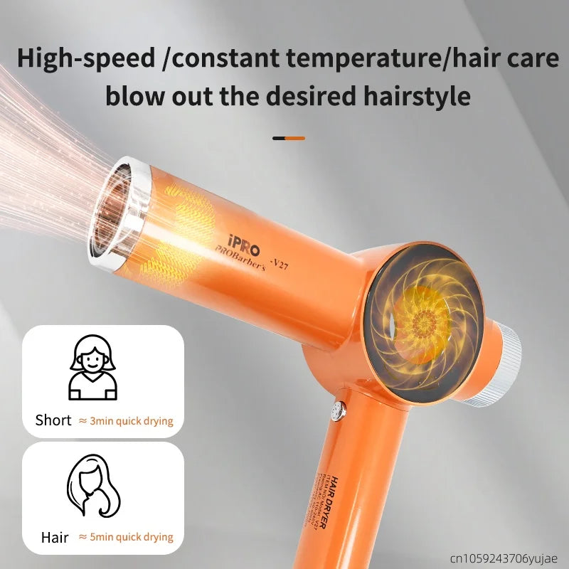 Orange hair dryer blowing hot air to style hair with high speed and constant temperature