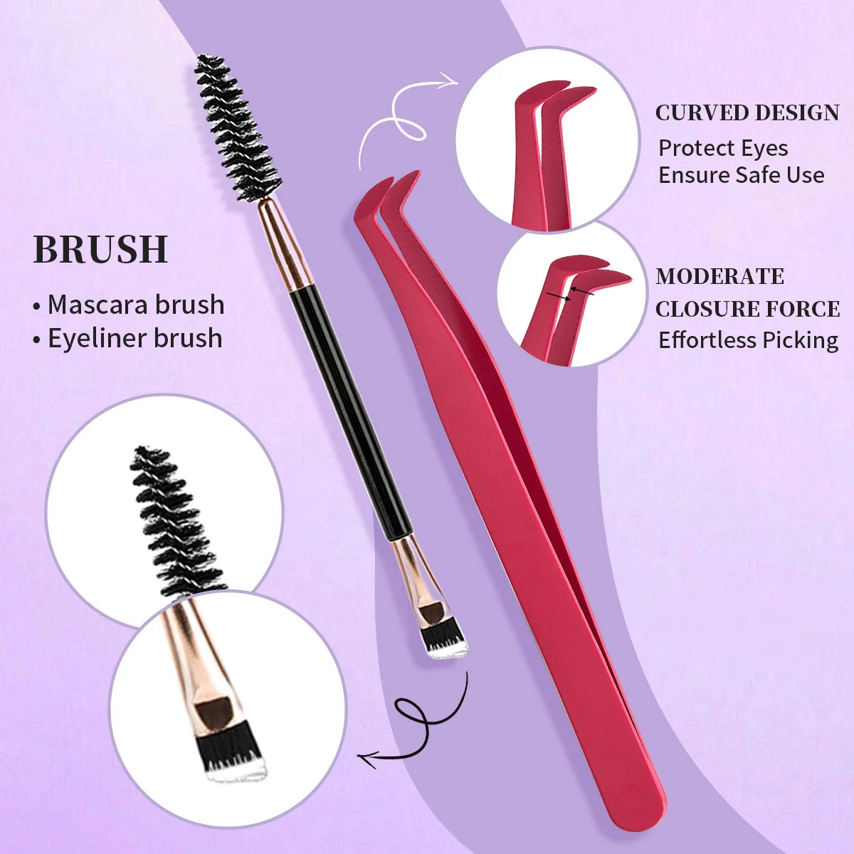 A pink eyelash cluster extension kit showing a brush and tweezers for safe and effortless application.