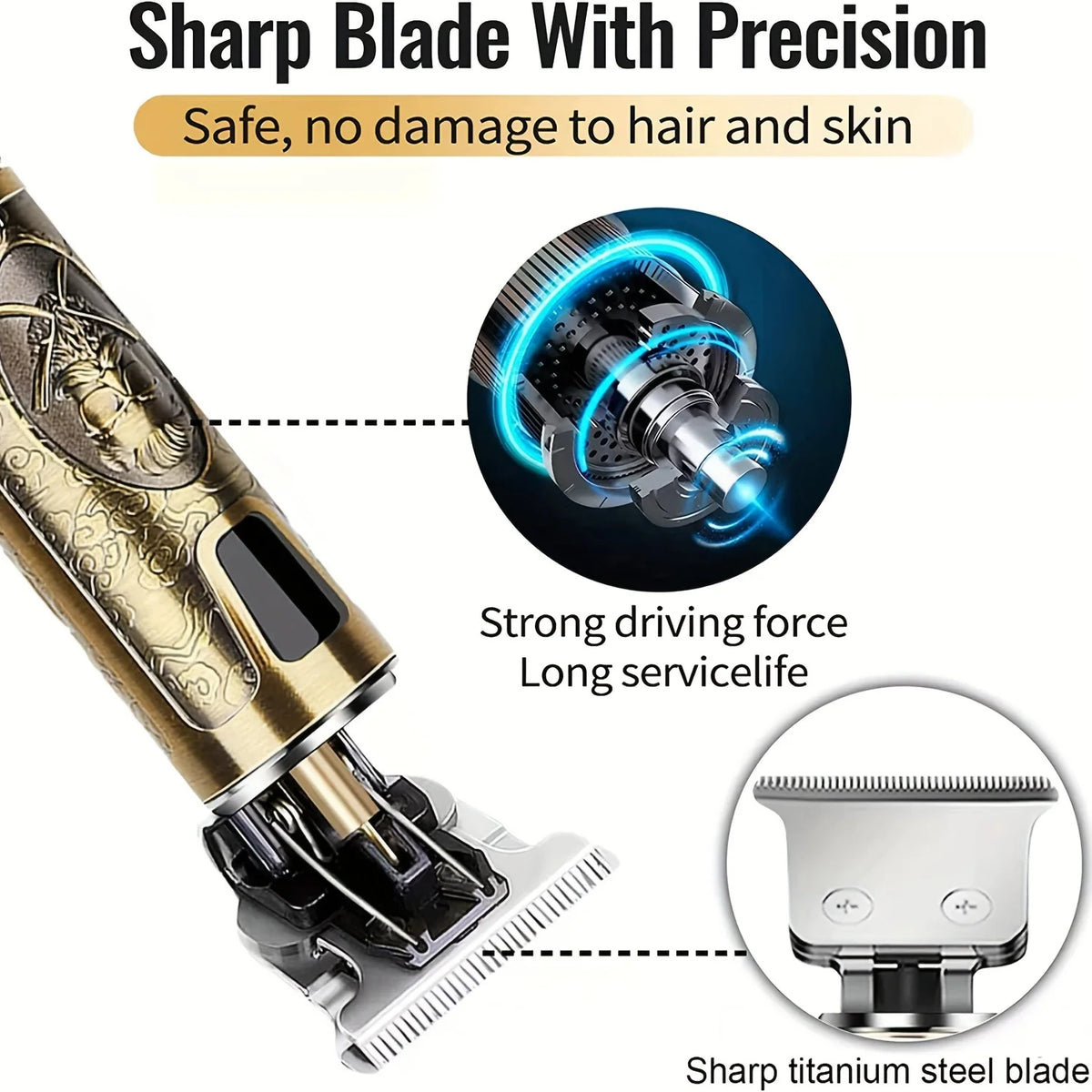 Close-up of a professional electric hair clipper showing a sharp titanium steel blade with a strong driving force.