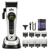 A professional cordless hair clipper trimmer with various attachments shown on a black and silver base.