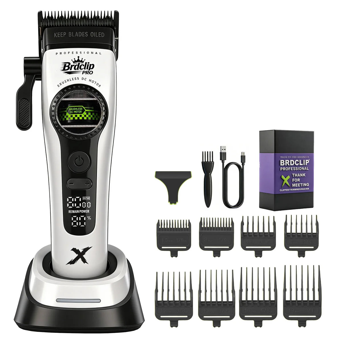 A professional cordless hair clipper trimmer with various attachments shown on a black and silver base.