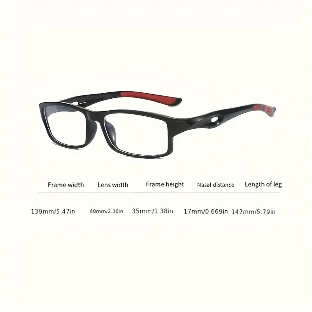 Gafas deportivas para leer anti-luz azul negras con acentos rojos sobre fondo blanco.