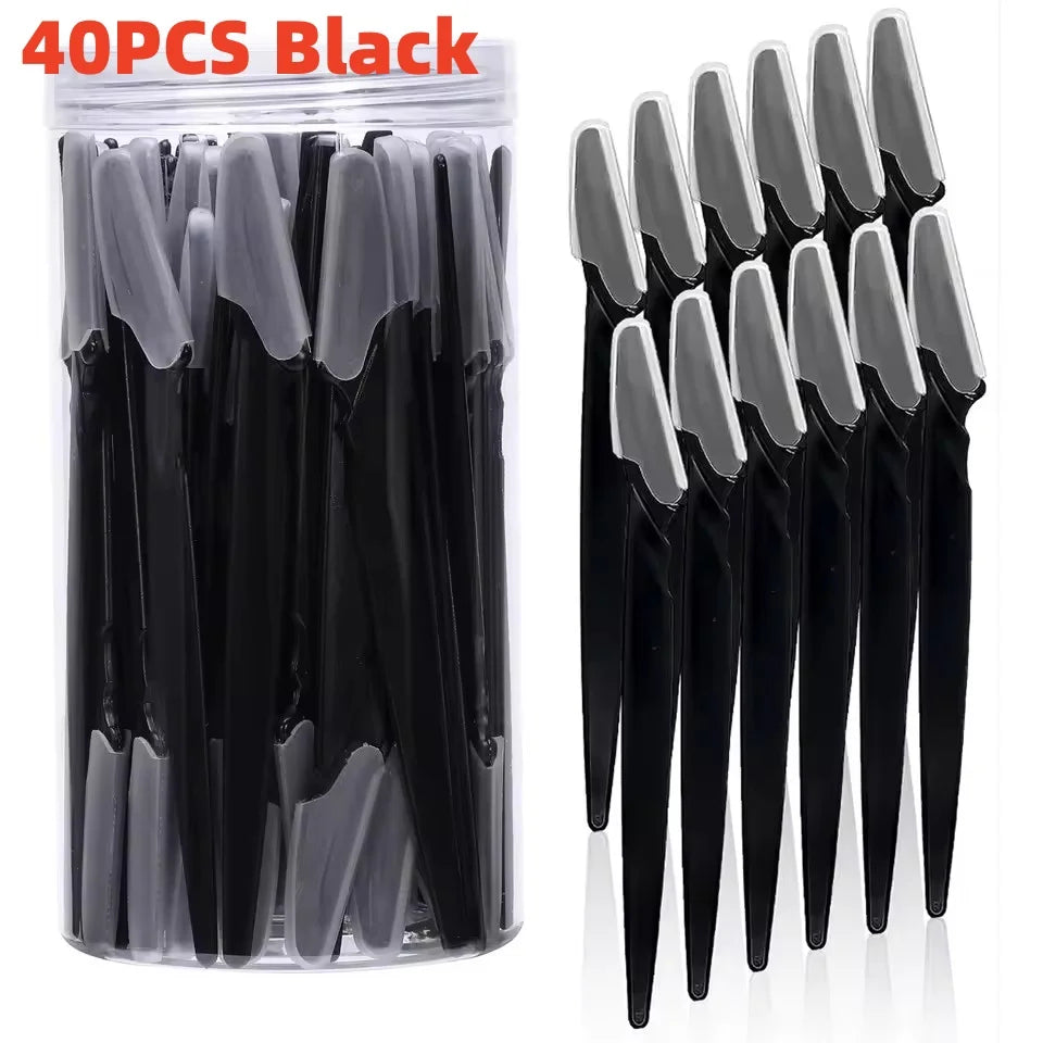 A clear plastic container holding 40 black stainless steel eyebrow trimmer blades.