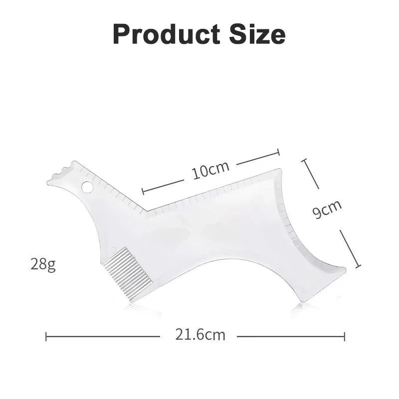 A clear plastic beard shaping ruler with measurements including 10cm, 9cm, and a total length of 21.6cm.