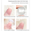 Instructions for using a transparent nail art stamper set to apply colored glue and polish to the nail.
