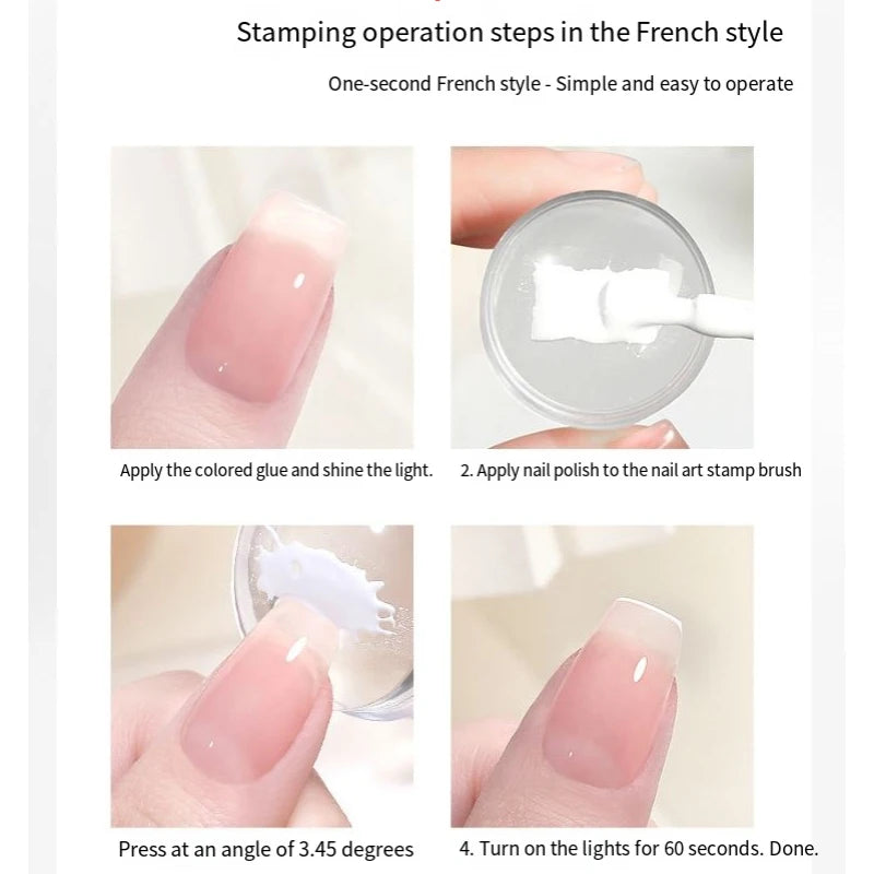 Instructions for using a transparent nail art stamper set to apply colored glue and polish to the nail.