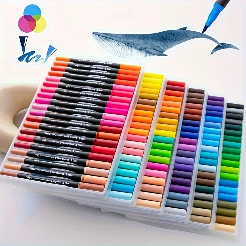 A set of 12 dual-head art markers in various vibrant colors arranged in a plastic case, with a blue whale silhouette above.
