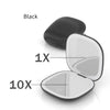 Black compact LED makeup mirror showing 1X and 10X magnification settings.
