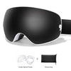 A pair of black sports goggles with a white frame and a black storage bag shown next to the product.