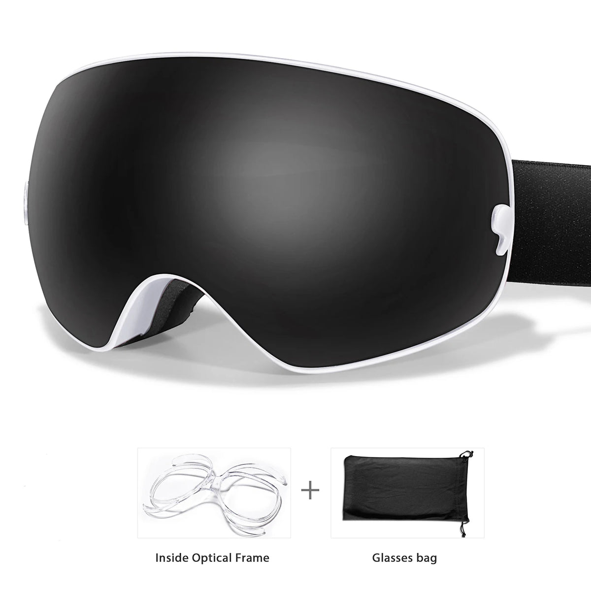 A pair of black sports goggles with a white frame and a black storage bag shown next to the product.