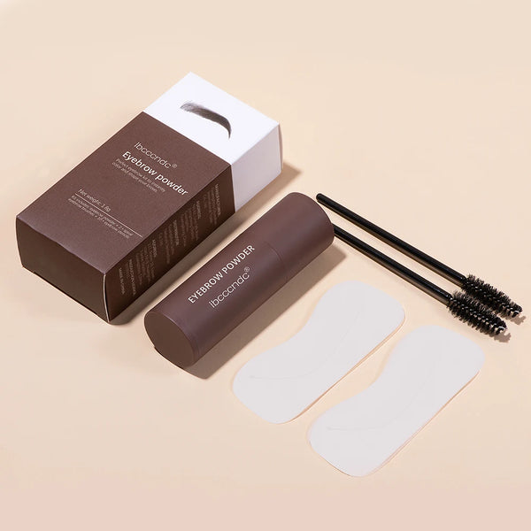 A brown box and tube of Ibccanc Eyebrow Powder with a brush and stencils displayed on a light background.