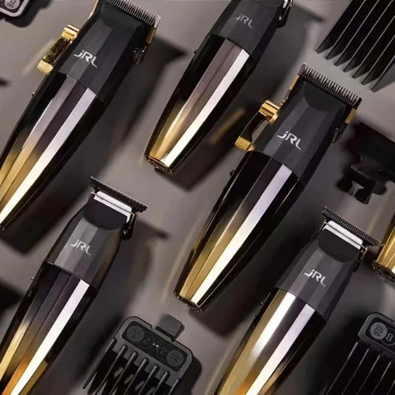 A collection of black and gold professional rechargeable hair clippers shown in various angles.