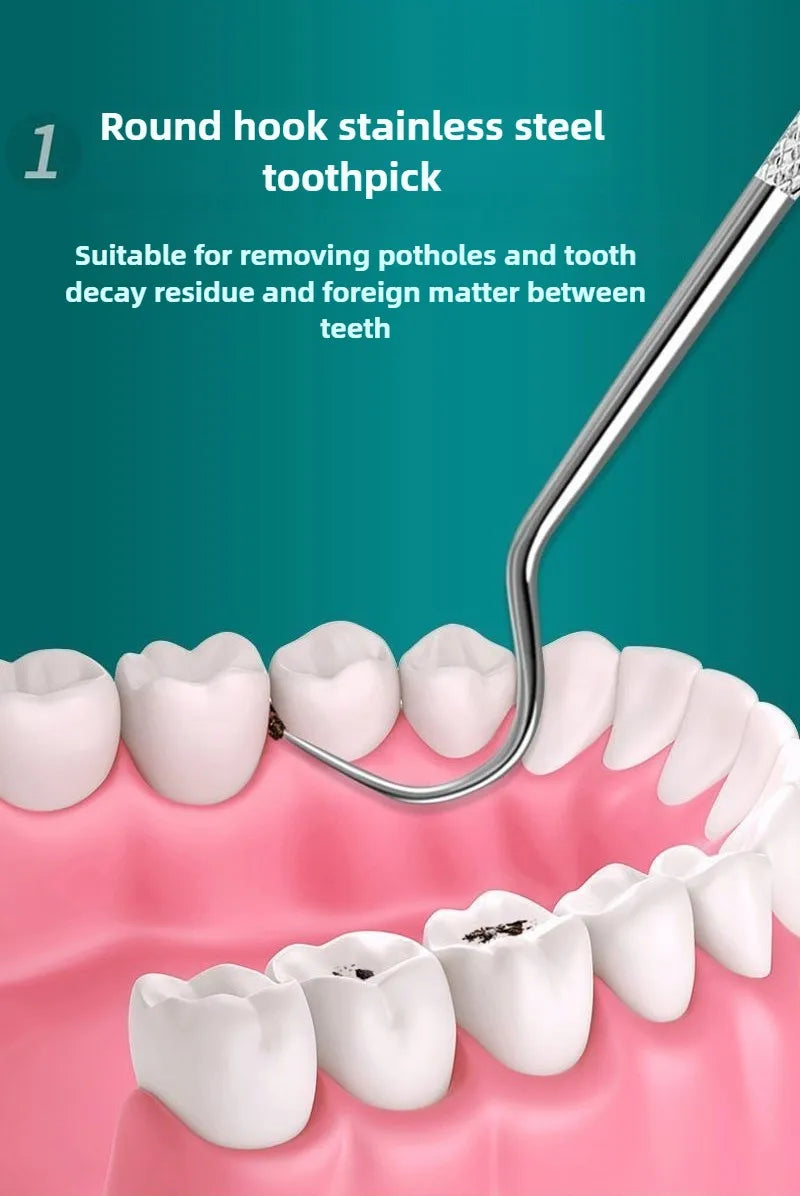 Un cure-dent en acier inoxydable rond est utilisé pour nettoyer entre les dents sur un modèle de gencive rose.