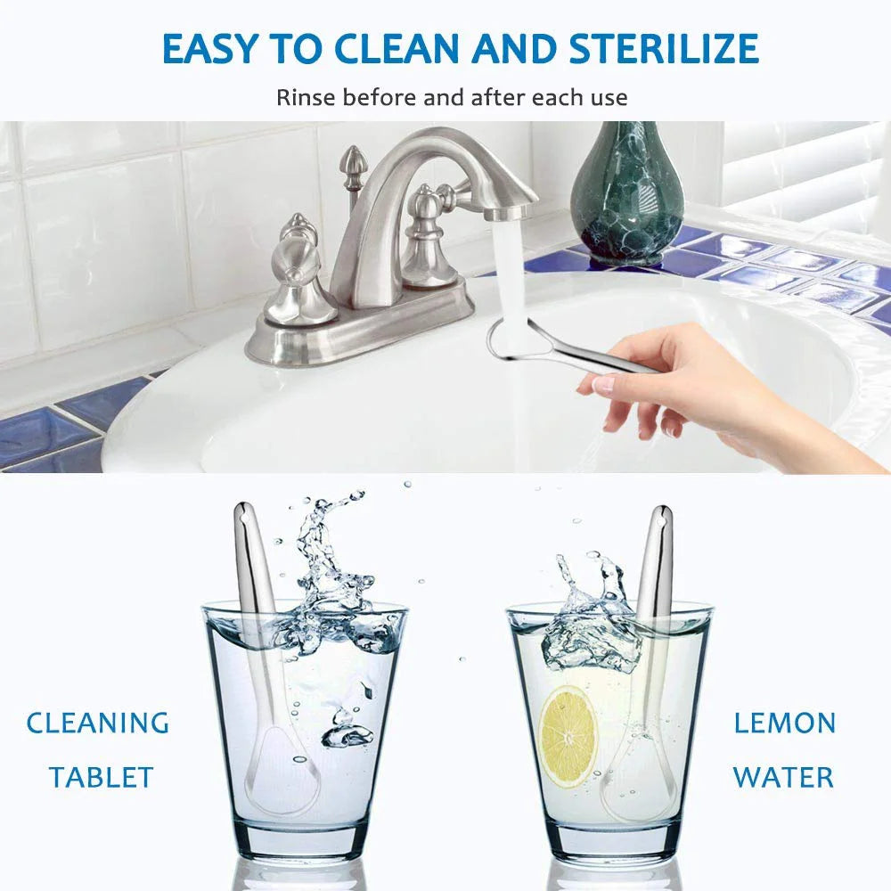 A stainless steel tongue and gum scraper set is shown being rinsed under running water in a sink.
