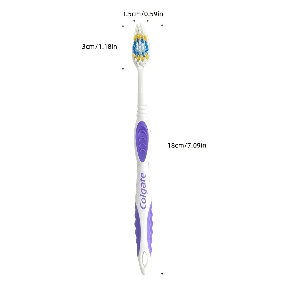 A purple and white Colgate manual toothbrush with a bristled head shown vertically.