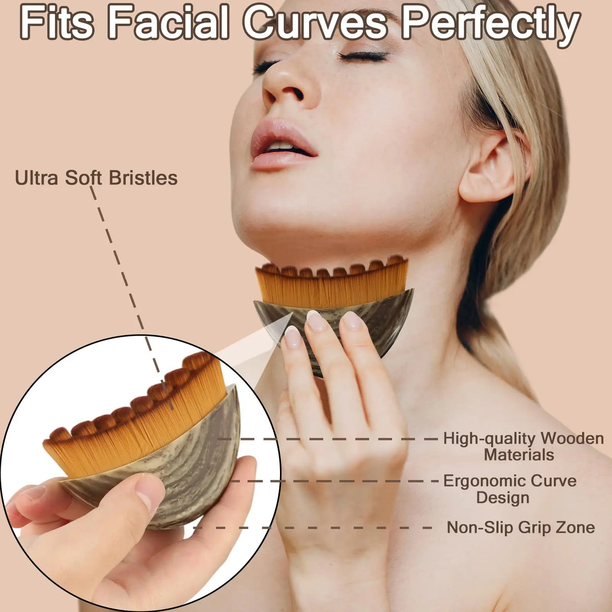 A woman is using a wooden facial brush with ultra soft bristles to massage her face, highlighting the ergonomic curve design.