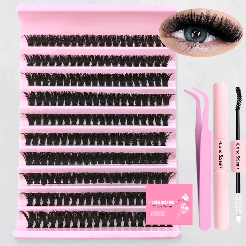 A pink plastic tray holds multiple rows of black false eyelashes and a pair of tweezers.