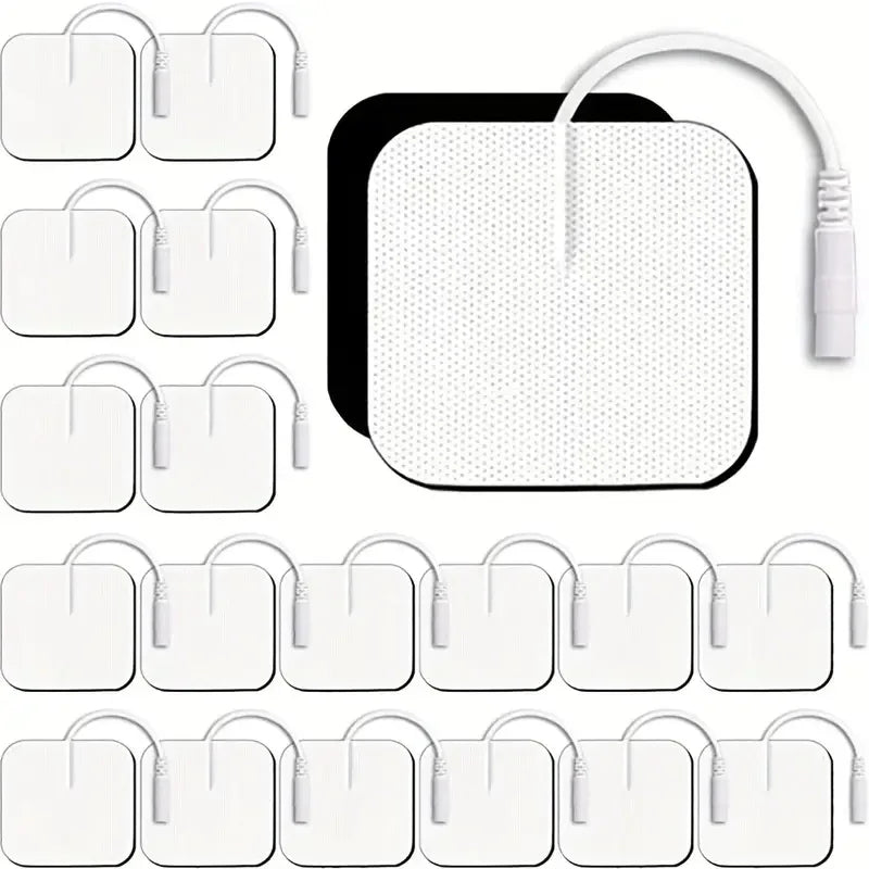 A set of reusable electrode pads for TENS and EMS muscle stimulators shown in various sizes and configurations.