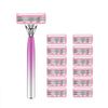 A pink and silver professional safety razor with six stainless steel blades displayed vertically.