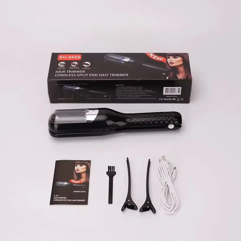 A black professional cordless split end hair trimmer and related accessories are displayed on a white background.