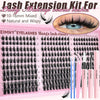 A pink box displaying a kit for lash extensions featuring various lengths of comic lashes and tools.
