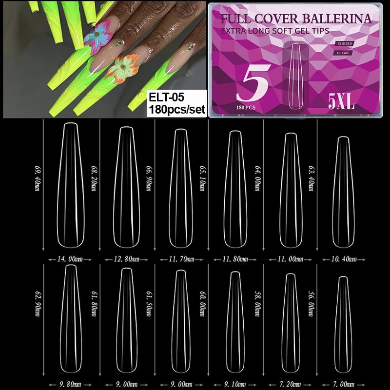 Diverses pointes de gel souples et allongées de différentes tailles et formes pour l'application à ongles.