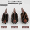 Three sizes of natural boar bristle curling brushes displayed side by side: Small (Row 10), Medium (Row 12), and Large (Row 1