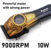 A black and gold Kemel KM-1691 cordless hair clipper with a cutting comb visible.