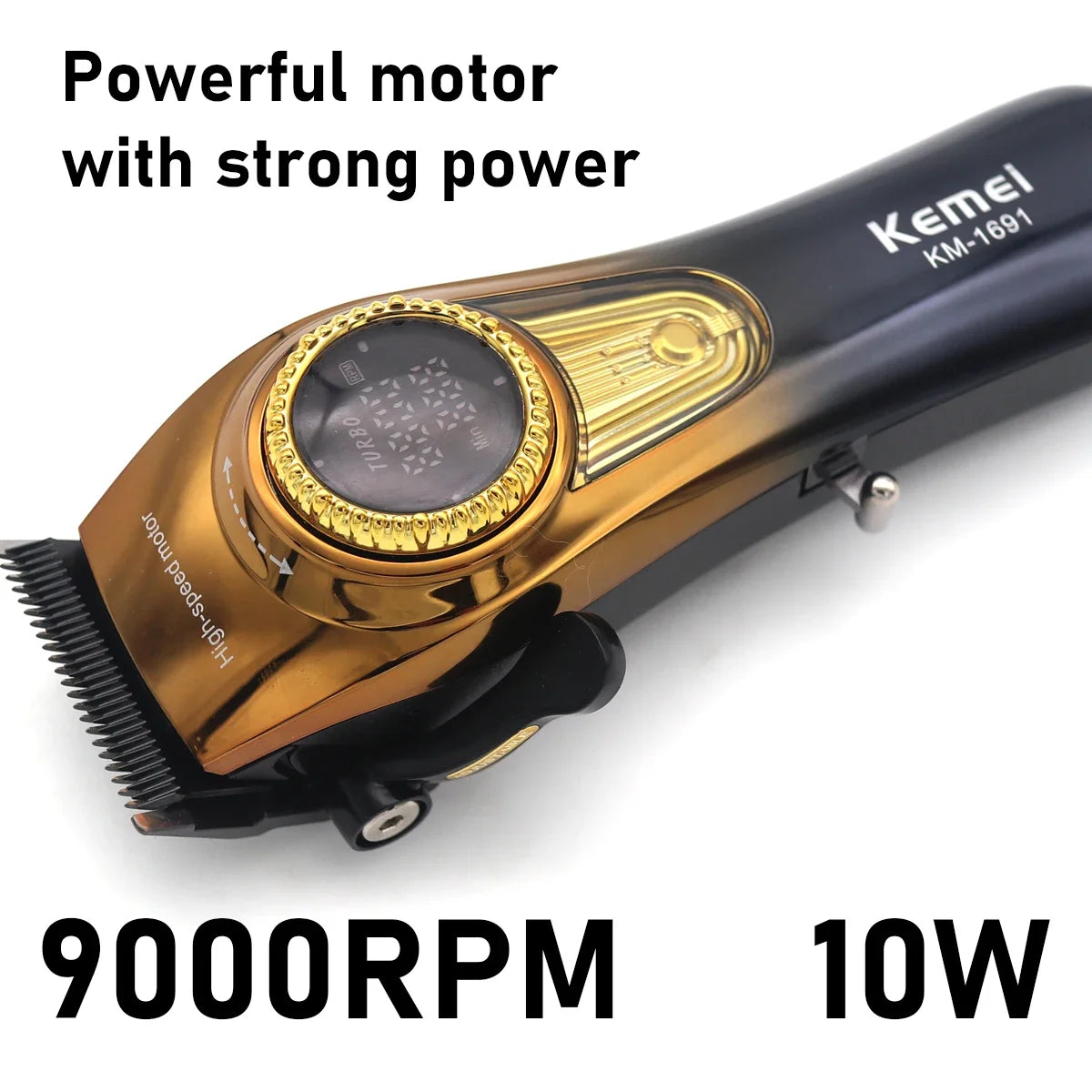 A black and gold Kemel KM-1691 cordless hair clipper with a cutting comb visible.